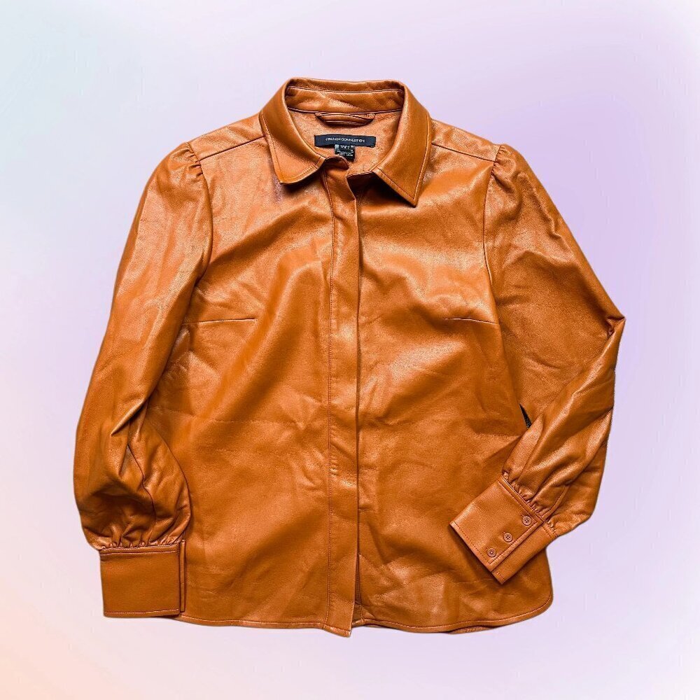 French Connection Faux Orange Brown Leather Collared Button Down Shirt Womens 6